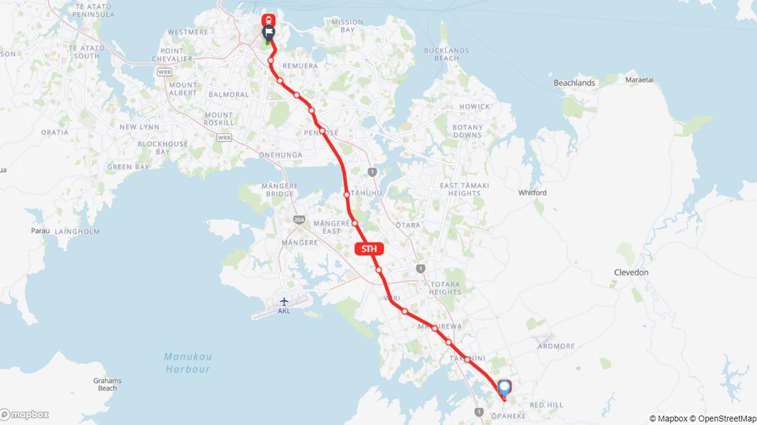 Papakura to Auckland Domain train journey map
