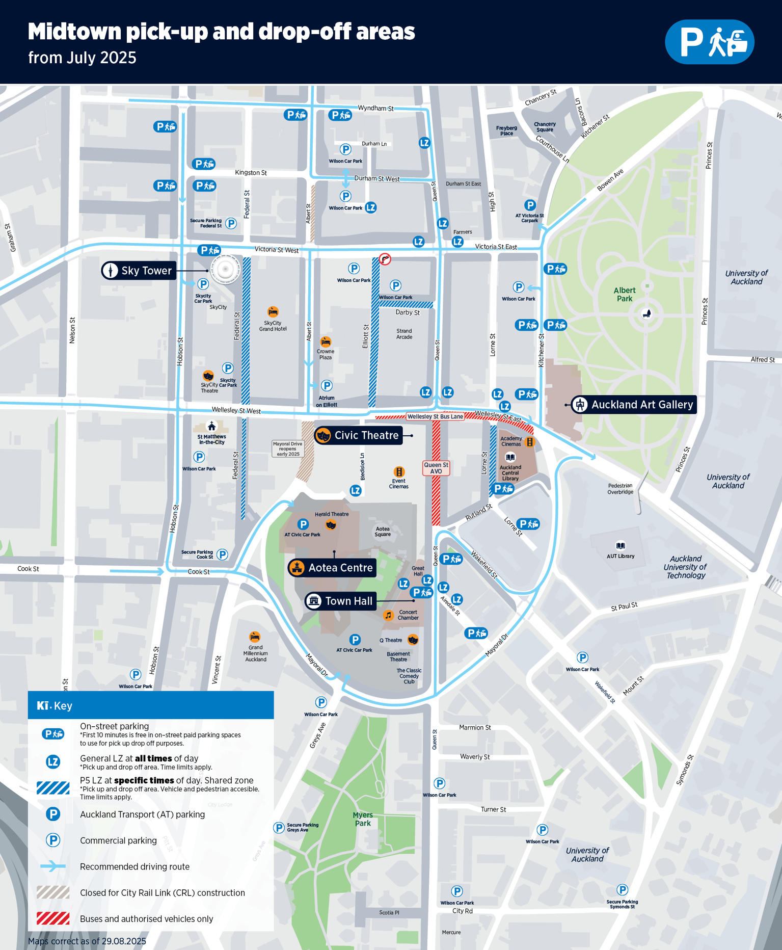 Map showing passenger pick up and drop off areas in Aotea Arts Quarter in Auckland city centre (CBD).