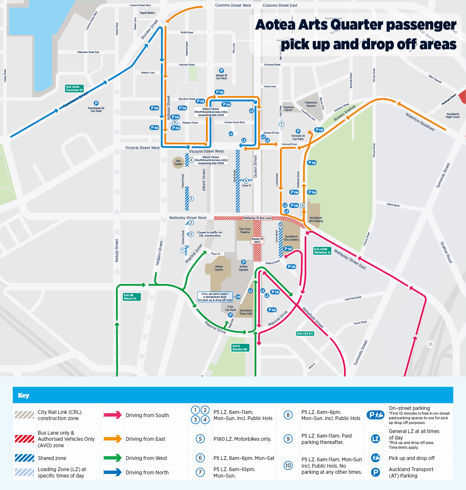 Map showing passenger pick up and drop off areas in Aotea Arts Quarter in Auckland city centre (CBD).