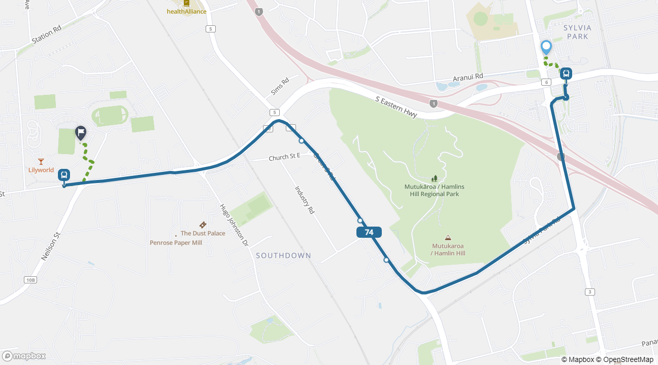 Sylvia Park to Go Media Stadium bus route 74 map