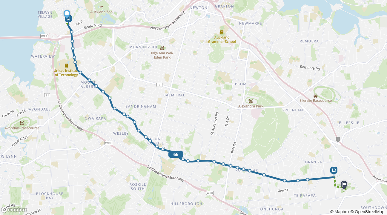 Point Chevalier to Go Media Stadium bus route 66 map