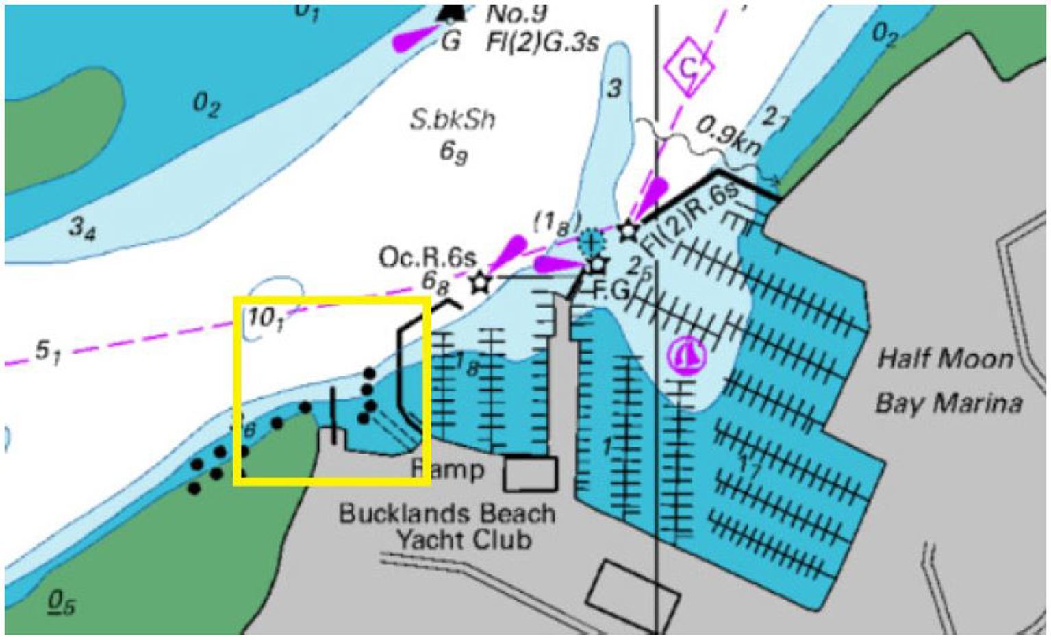 Map showing Bucklands Beach Yacht Club, Half Moon Bay Marina.