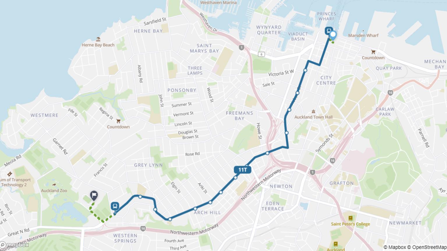 Map showing the bus journey from Britomart to Western Springs Stadium