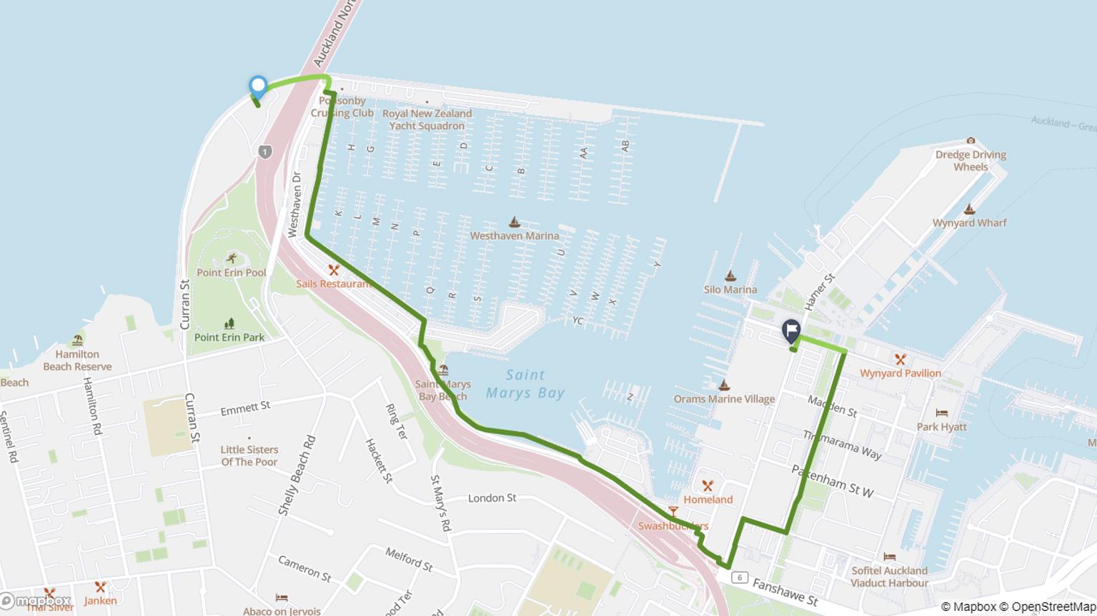 Cycling map from Westhaven to Wynyard Quarter