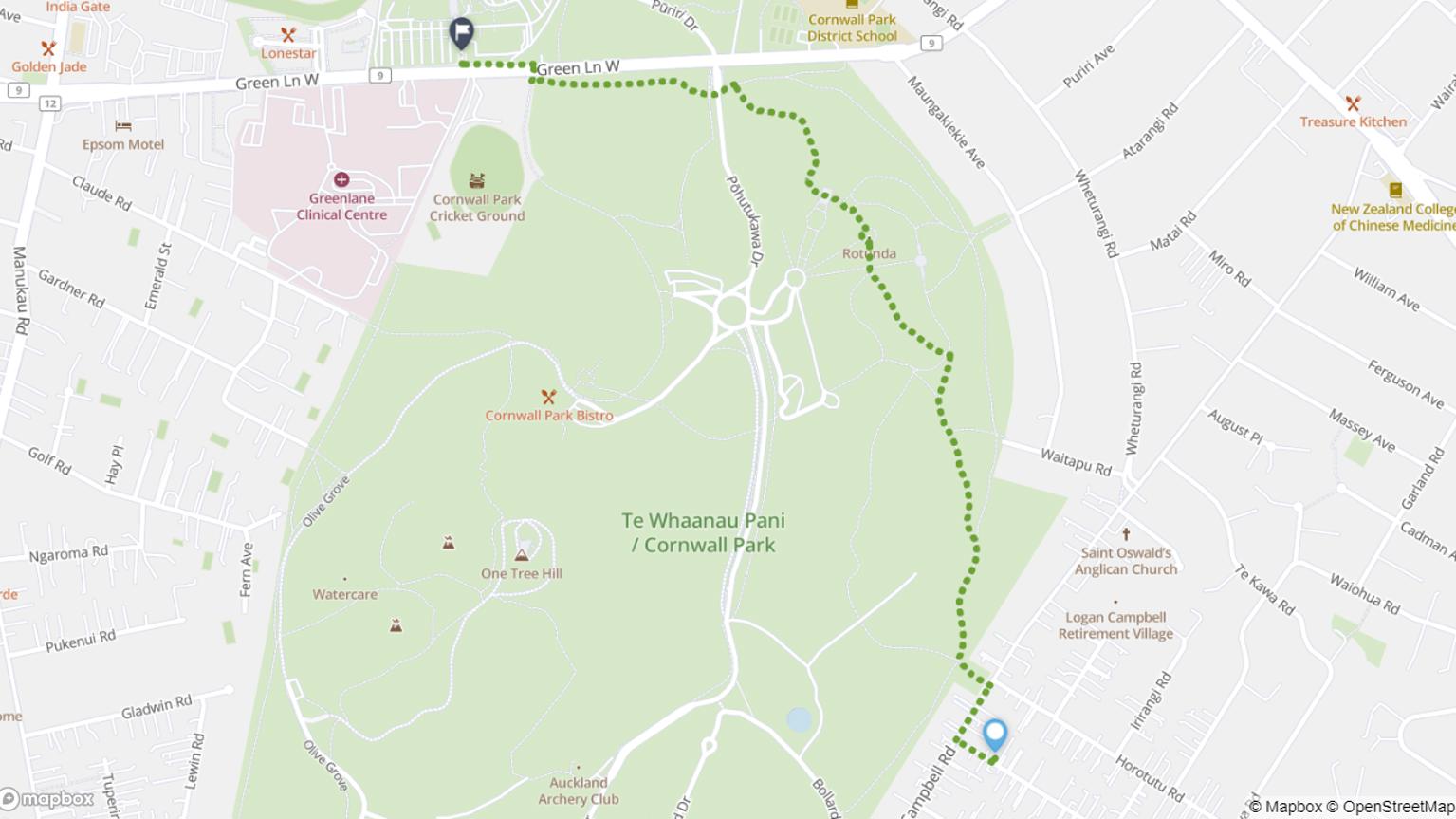 One Tree Hill to Auckland Showgrounds walking route map