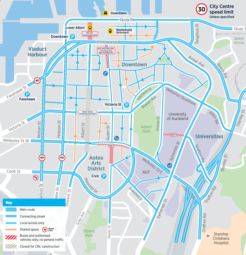 Map showing recommended driving routes in the City Centre