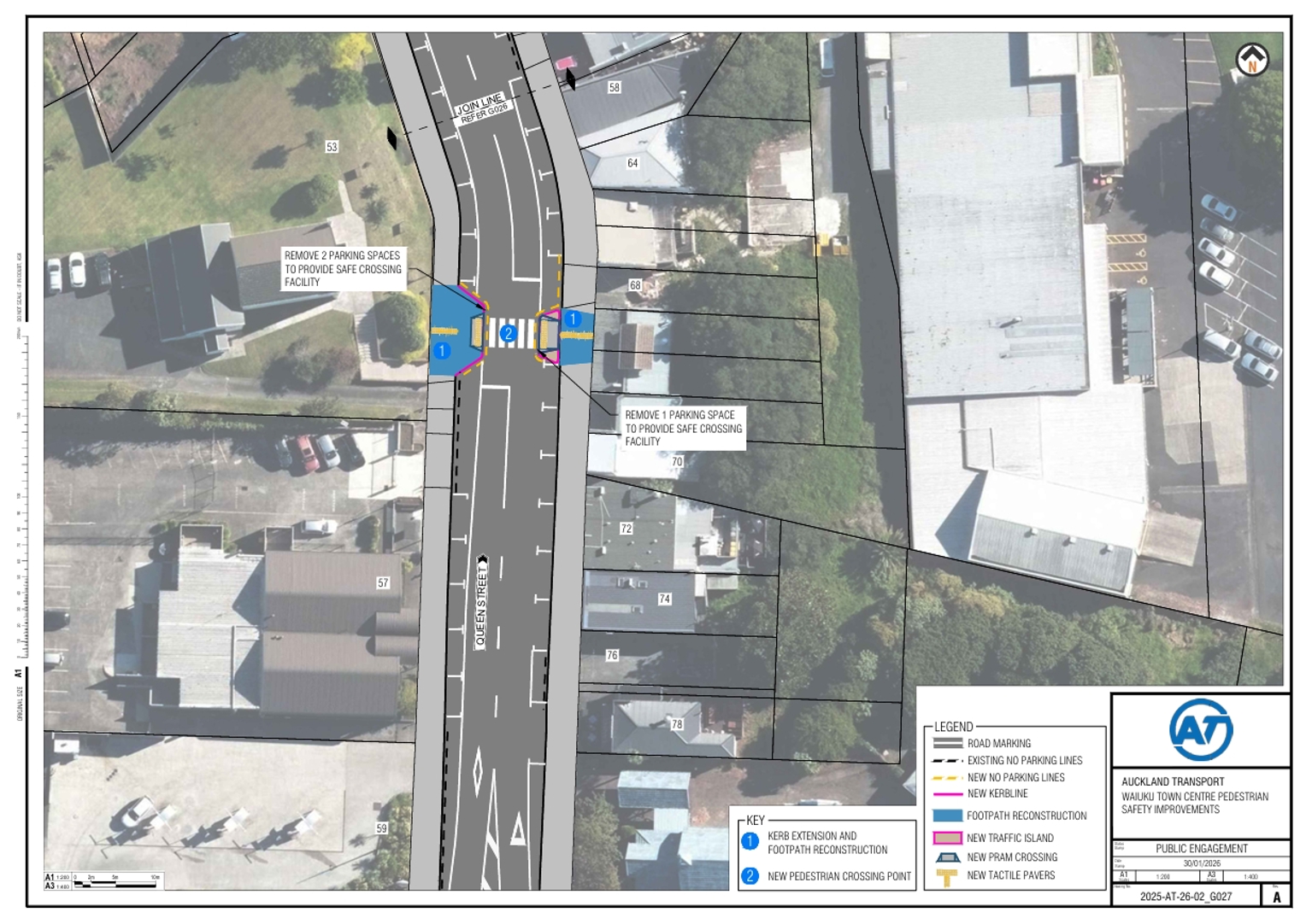 Map showing the planned improvements for crossing Queen Street, Waiuku.