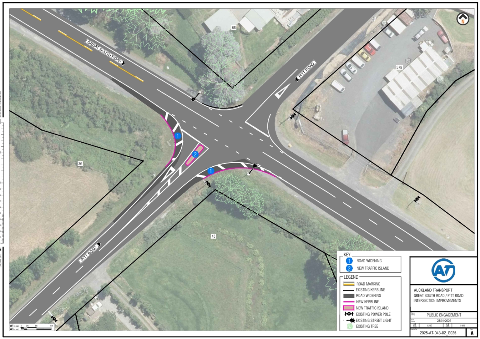 Map showing the planned works at the intersection of Pitt Road and Great South Road in Drury. 