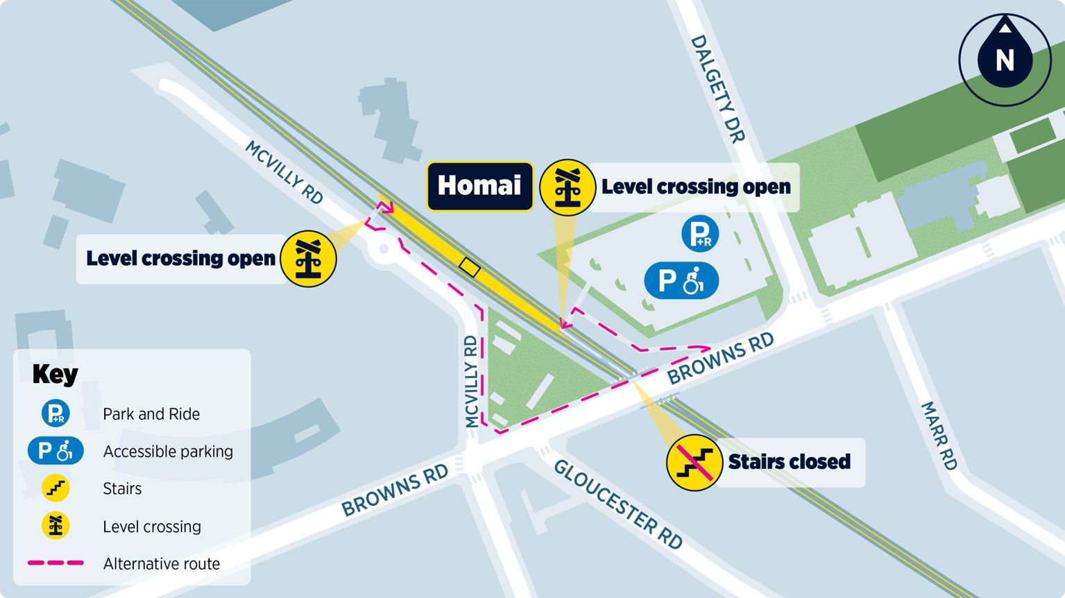 Map showing closures of level crossings and staircases around Homai Station.