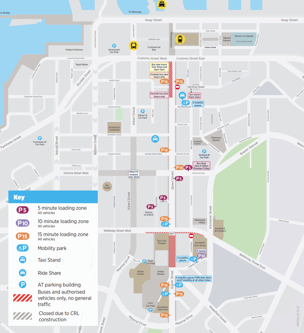 Map showing loading zones information in Auckland City Centre.