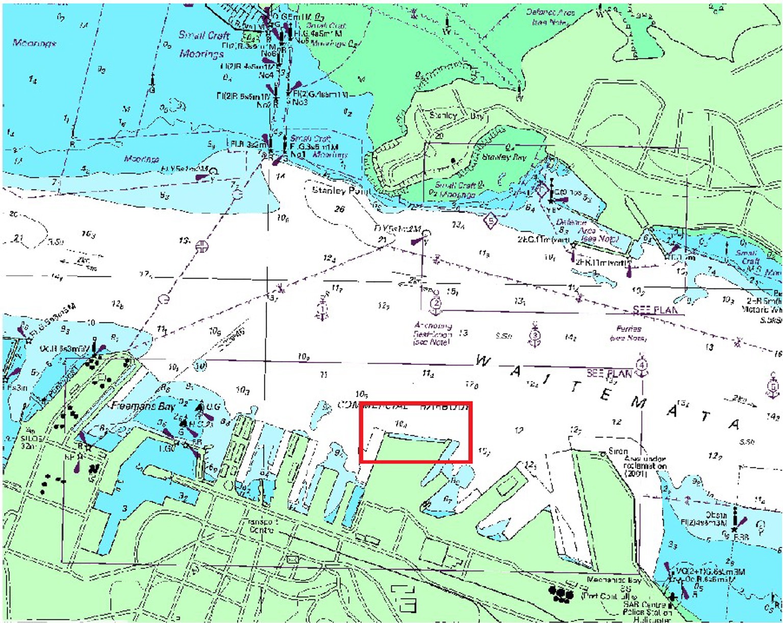 Map of Waitematā Harbour showing Stanley Point, Freemans Bay.