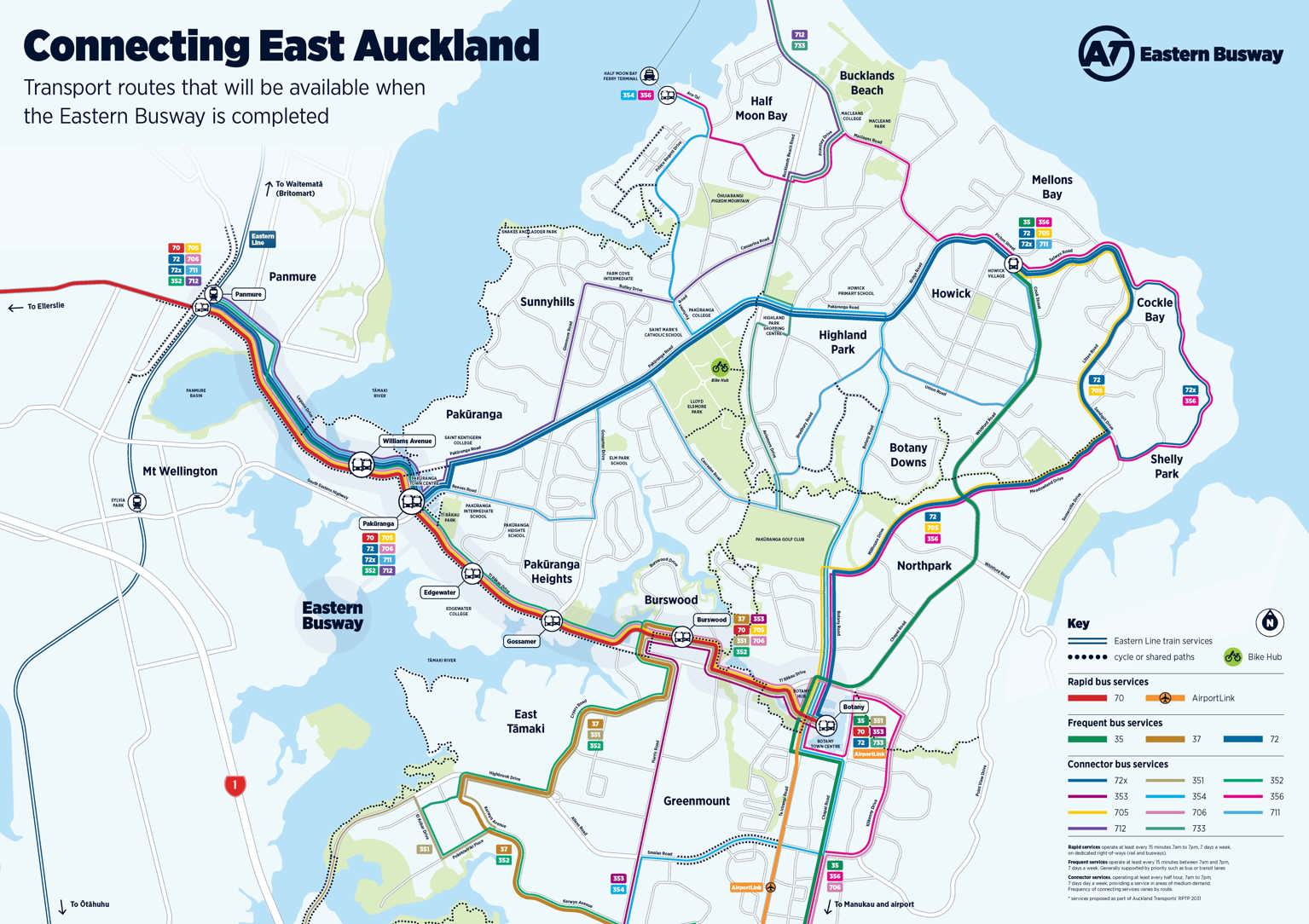 Map showing how the Eastern Busway will connect east Auckland.