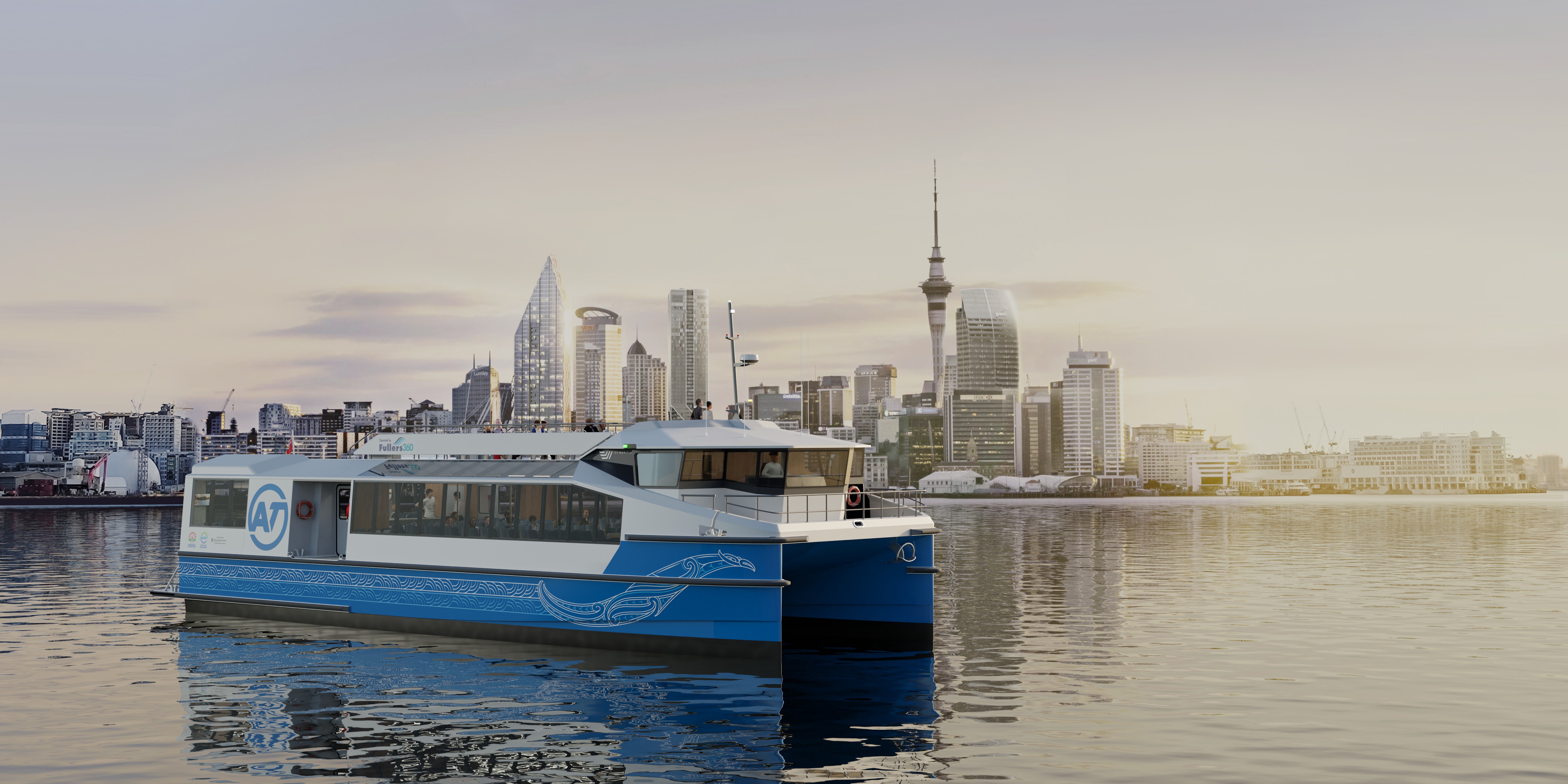 Image of electric ferry with AT logo sailing past the Auckland city landscape, including Sky Tower