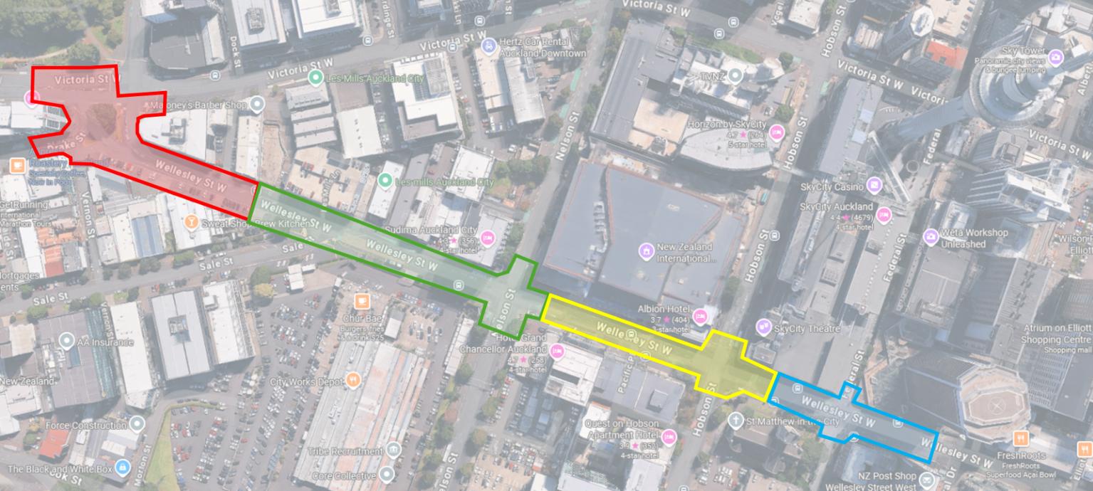 A map showing the staging plan for the Wellesley Street bus improvements night works. From left: red, green, yellow, blue.