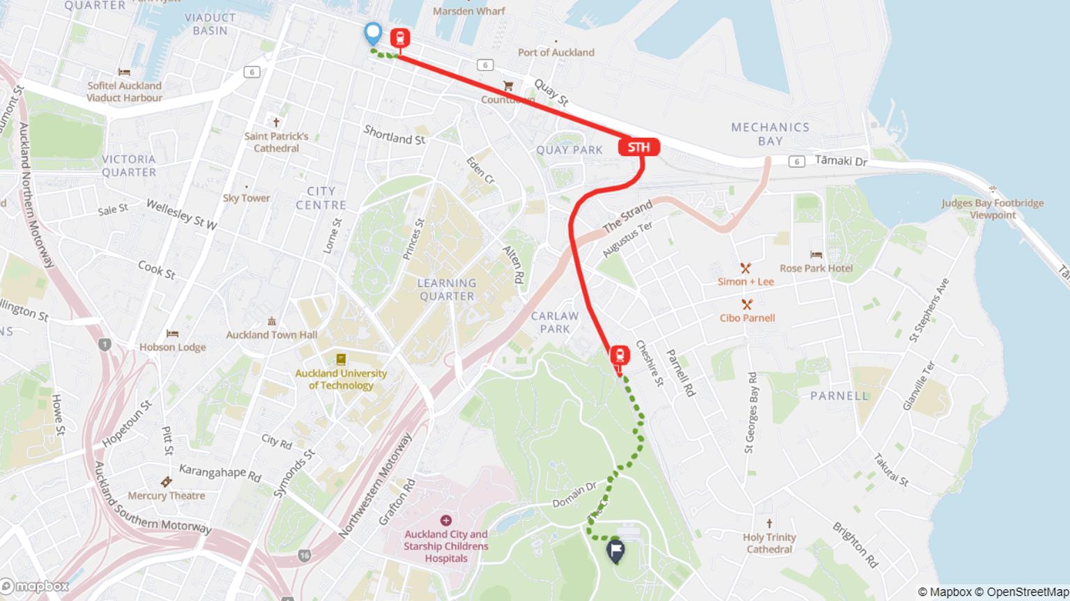 Train journey from City Centre to Auckland Domain map