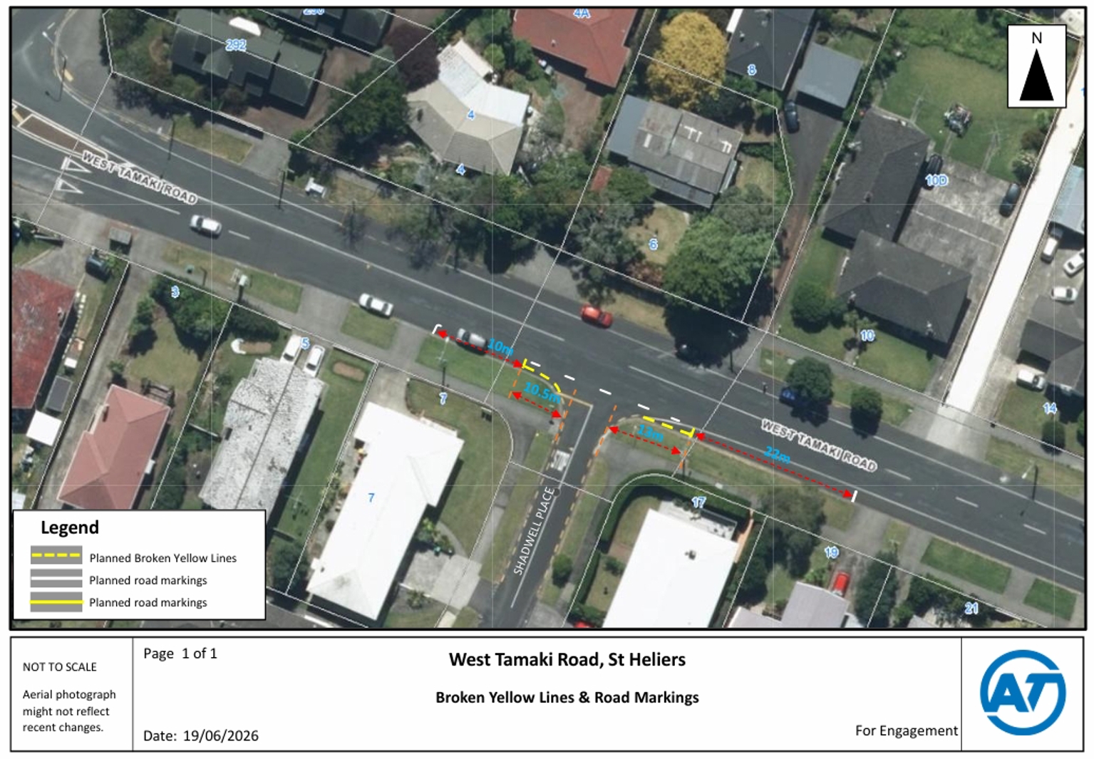 Map showing the proposed changes to the Shadwell Place and West Tamaki Road intersection.