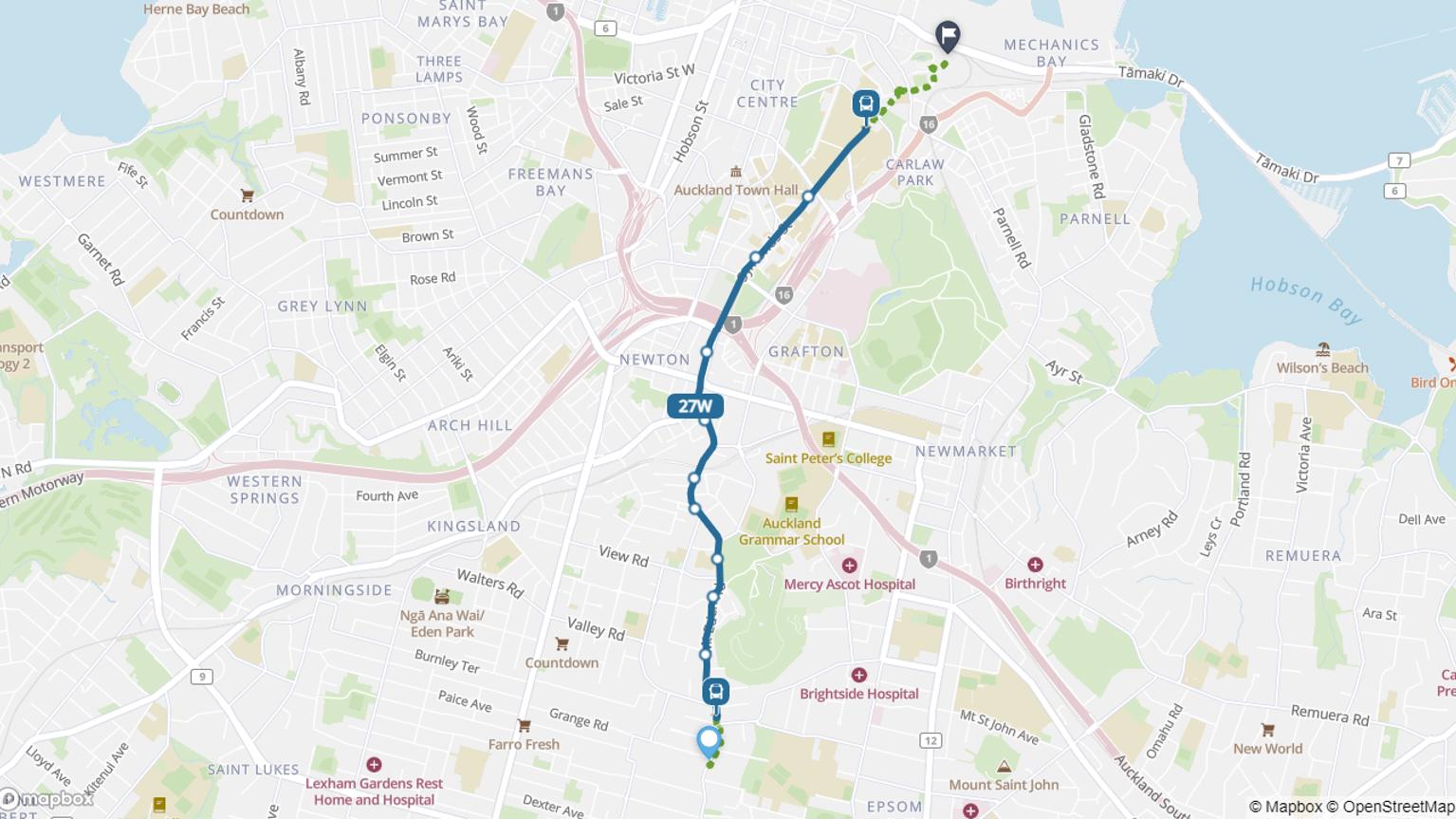 Mount Eden to Spark Arena bus route map