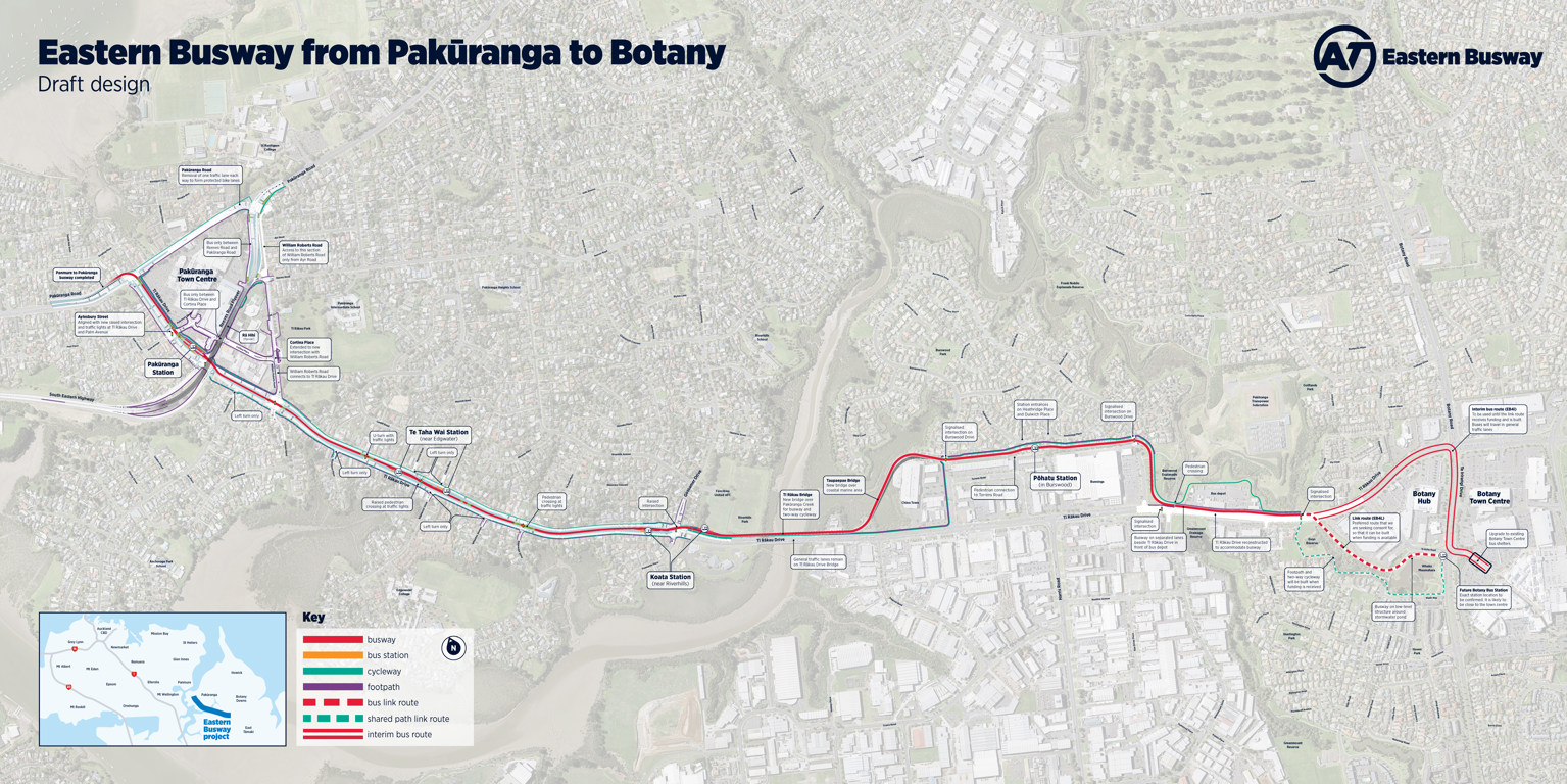 Map showing how the Eastern Busway will connect East Auckland.