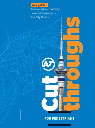 Cover of Auckland Transport’s City Thoroughfares for Pedestrians guide, featuring the Sky Tower over a blue city map background.