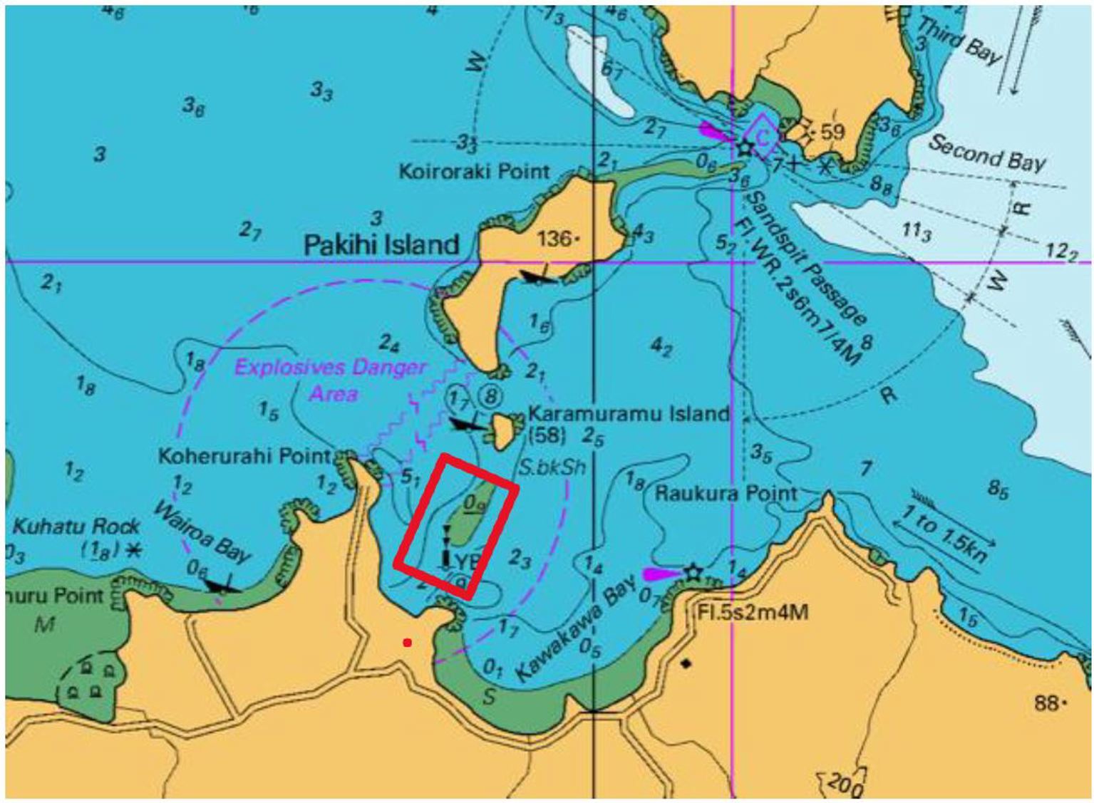 Map showing Pakihi Island and surrounding waters