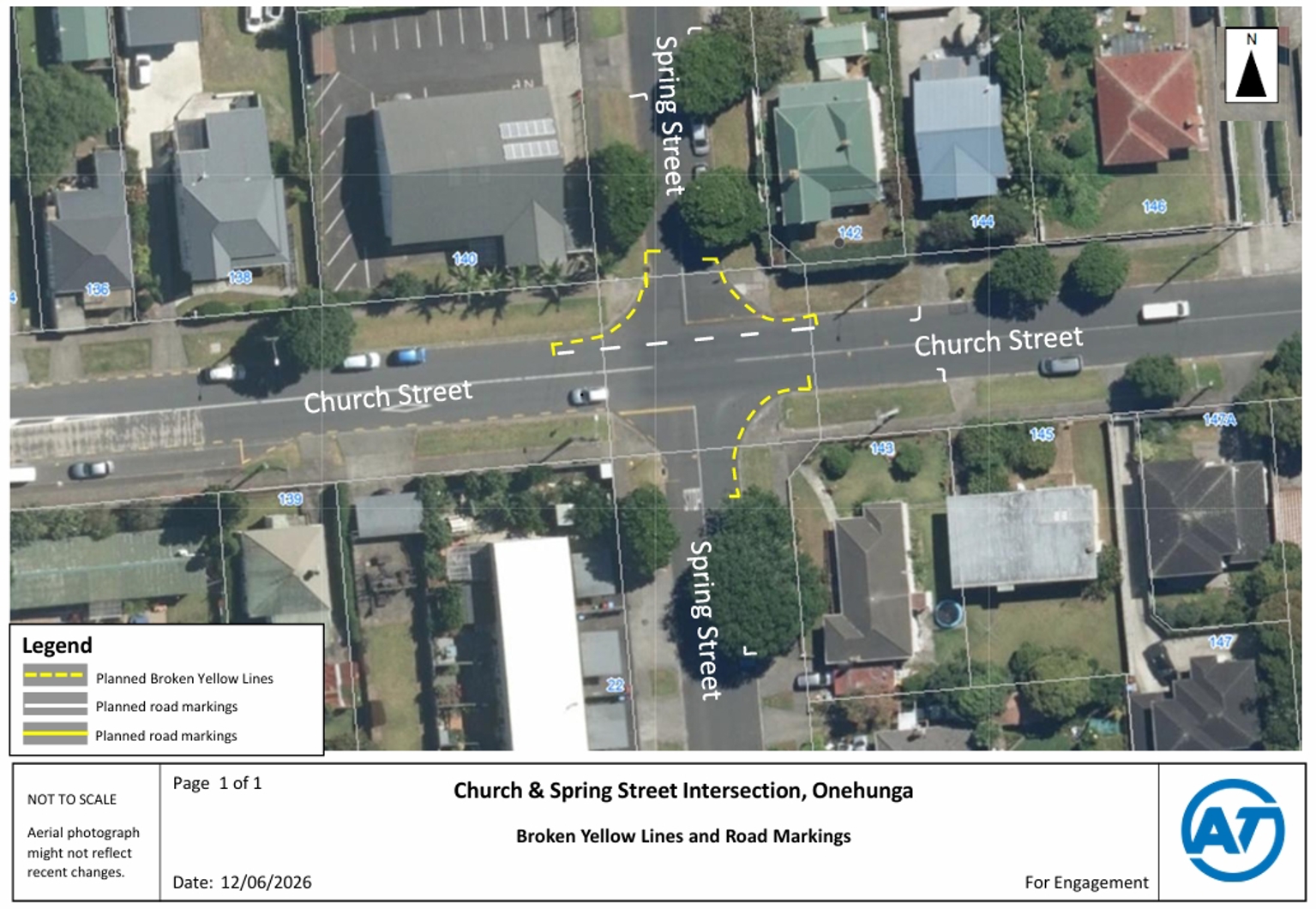 Map showing the planned changes for the Church Street and Spring Street intersection in Onehunga.