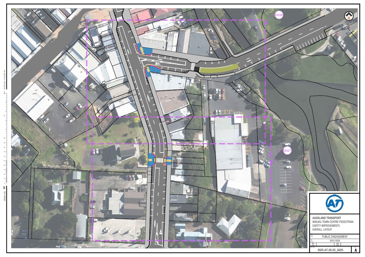 Map showing the planned works on Queen Street and Kitchener Street in Waiuku.