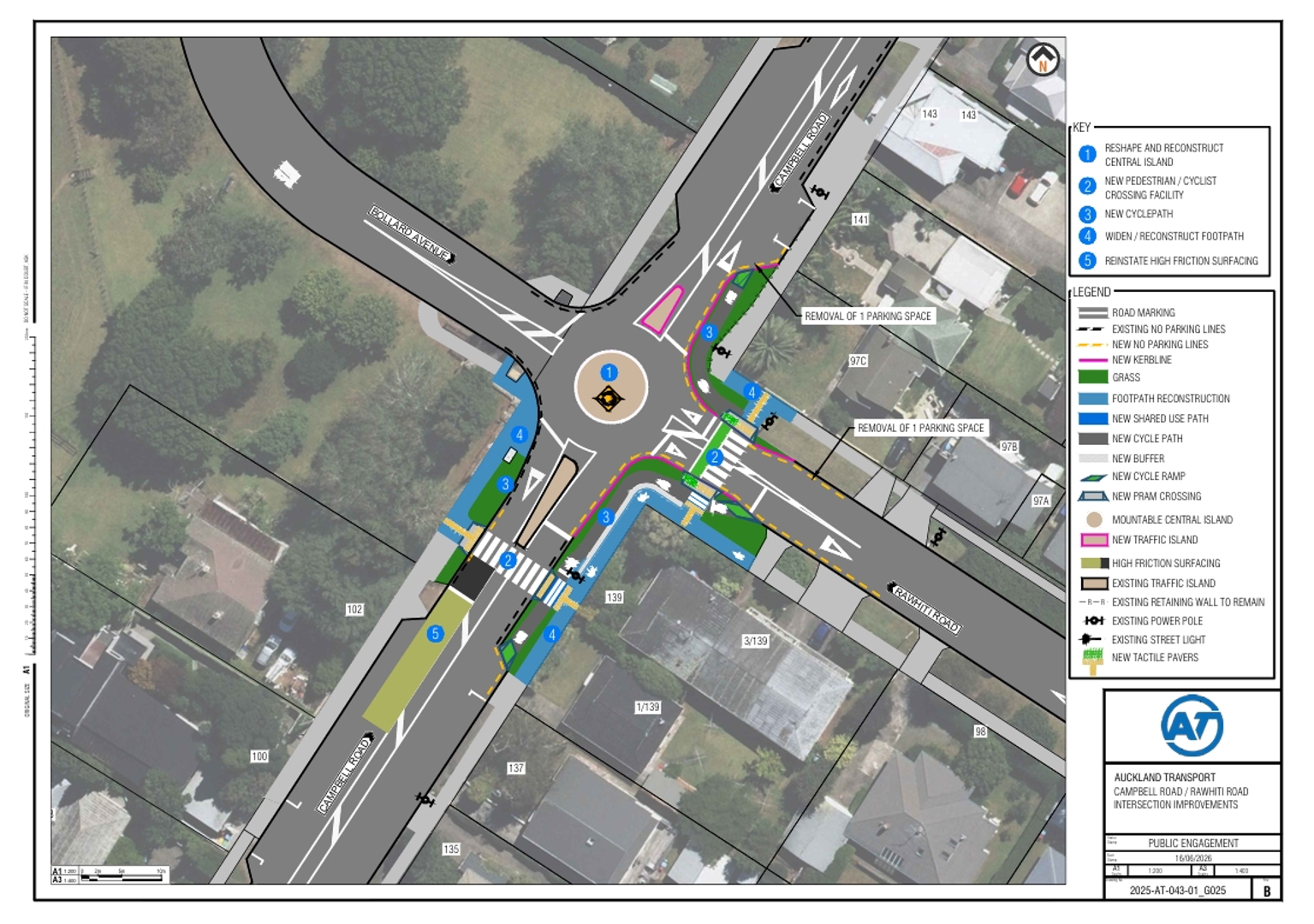 Map showing the proposed changes to the Campbell Road and Rawhiti Road roundabout in One Tree Hill.