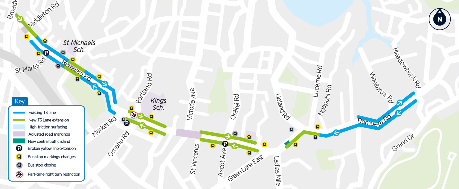 Map showing proposed improvements along Remuera Road between Broadway and Meadowbank Road. The map highlights existing and new T3 lane sections, changes to road markings, high-friction surfacing, bus stop changes, a new central traffic island, broken yellow line extensions and a part-time right turn restriction from Remuera Road onto Omahu Road. The proposed changes are designed to support more reliable public transport, smoother traffic flow and safer travel along the corridor.