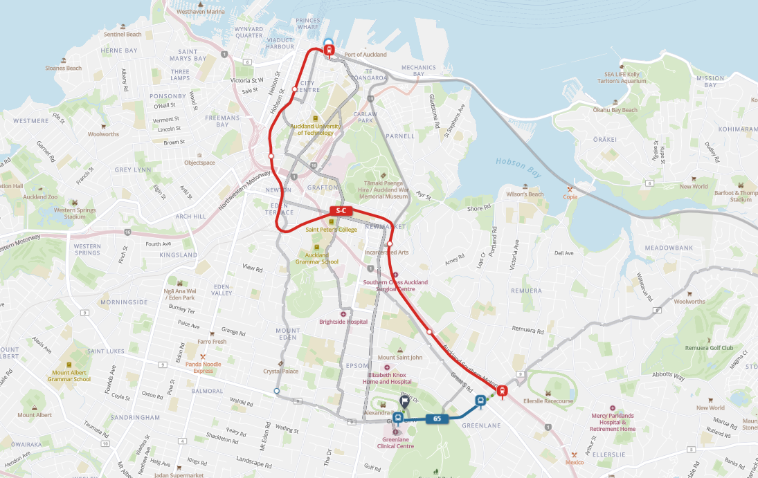 Waitematā Station to Auckland Showgrounds train journey map