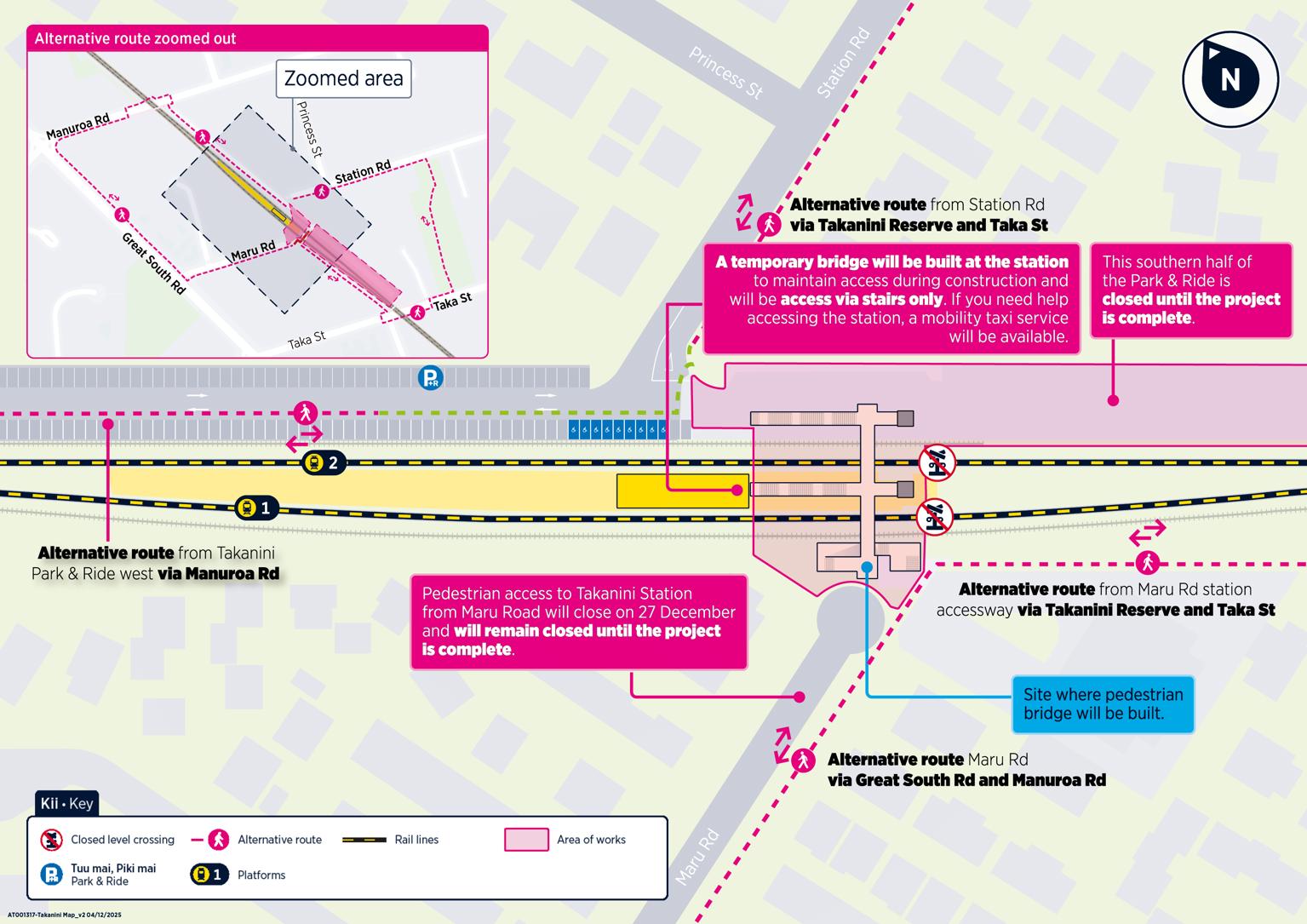 Map showing alternative access routes for Takanini station during the summer rail upgrade. 