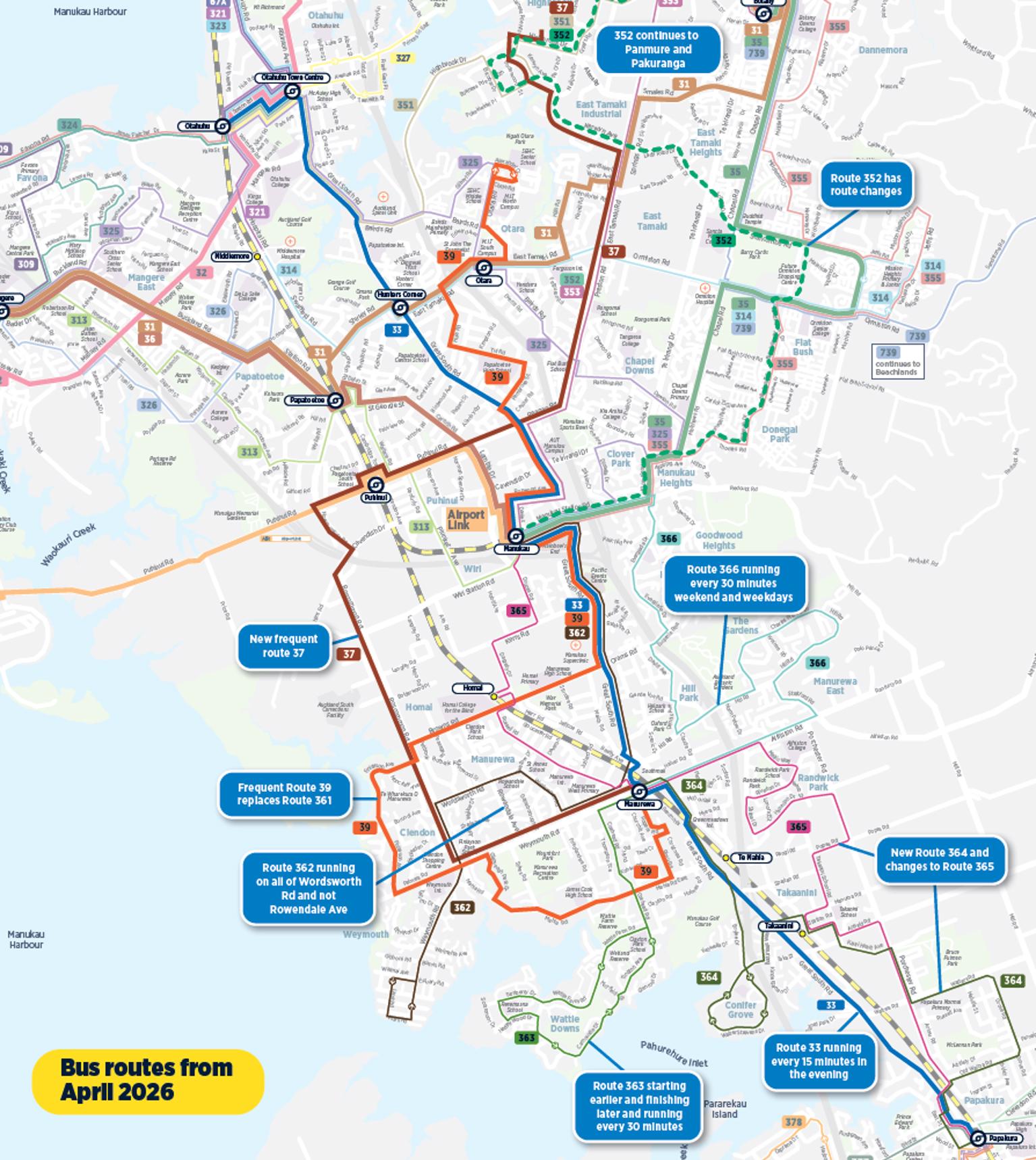 Map showing changes to bus routes in south Auckland.