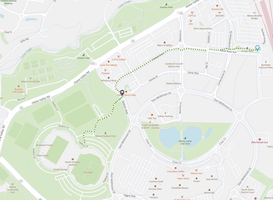 Albany bus station to North Harbour Stadium walking route Gate A