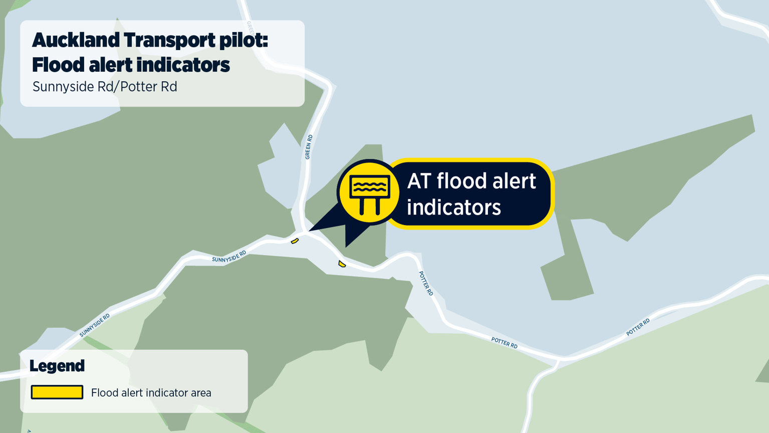 Map showing flood alert signage installed at the T intersection of Sunnyside Road and Potter Road. A yellow sign icon labelled ‘AT flood alert indicators’ points to 2 locations near the intersection. Map header reads: ‘Auckland Transport pilot: Flood alert indicators, Sunnyside Road/Potter Road’. The map legend reads ‘flood alert indicator area’, indicated with a yellow box.