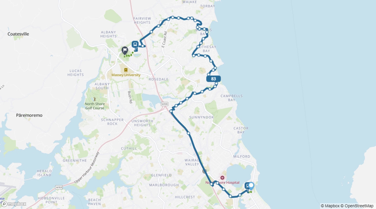 Takapuna to North Harbour Stadium bus route 83 map