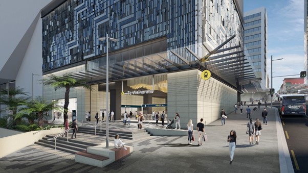 A concept image of the completed Te-Waihorotiu Station. 