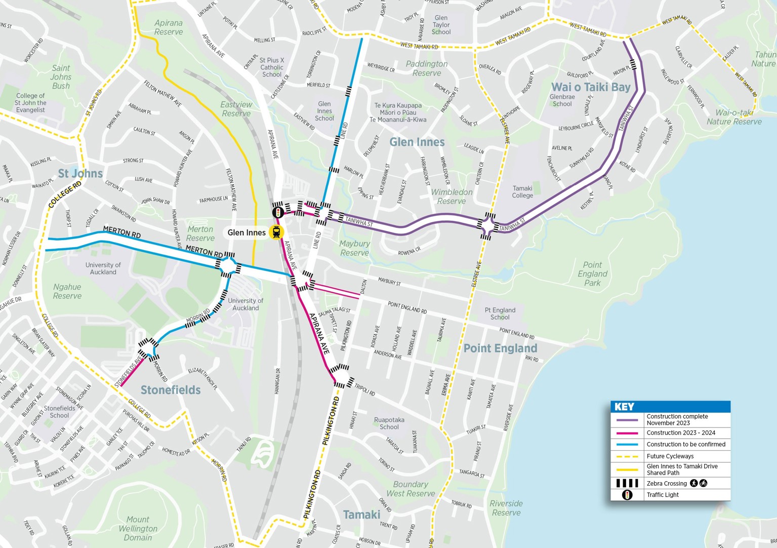 Map showing Glen Innes cycleways, including the Glen Innes to Tāmaki Drive shared path, completed construction on Taniwha Avenue, active construction on Apirana Avenue, construction to be confirmed on Merton Road and future cycleways on West Tāmaki Road
