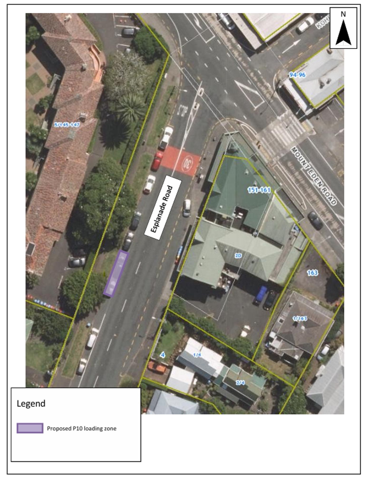 Map showing the location of the proposed changes on Esplanade Road, Mount Eden.