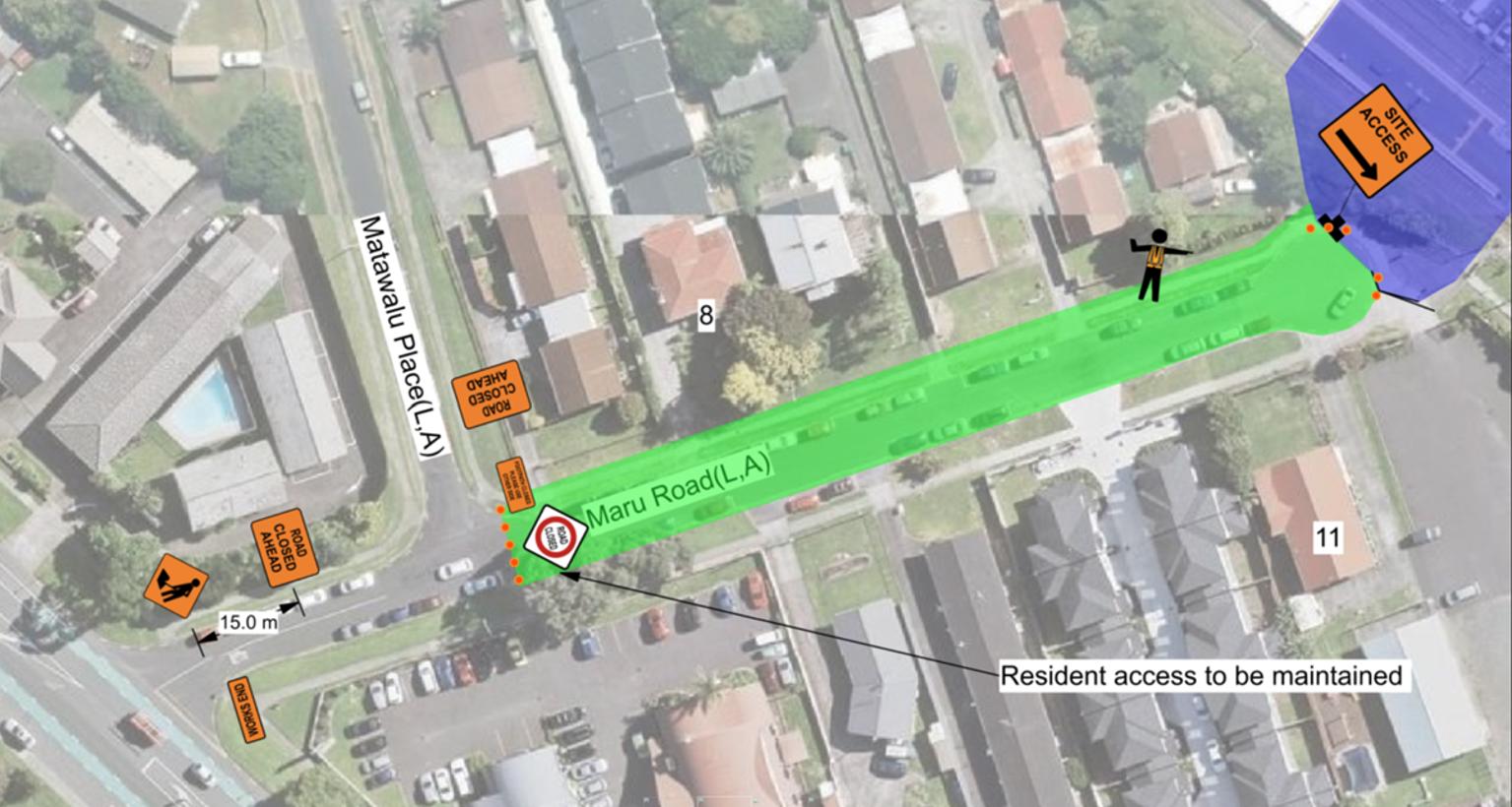 Map of where works are taking place and highlighting the closure of Maru Road.
