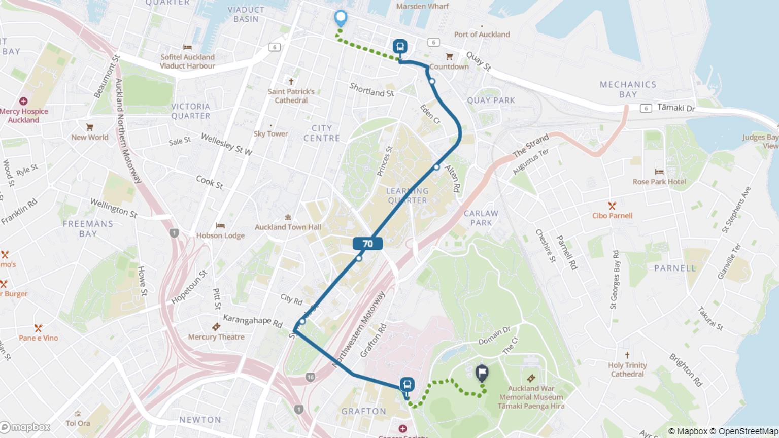 City Centre to Auckland Domain bus route 70 map