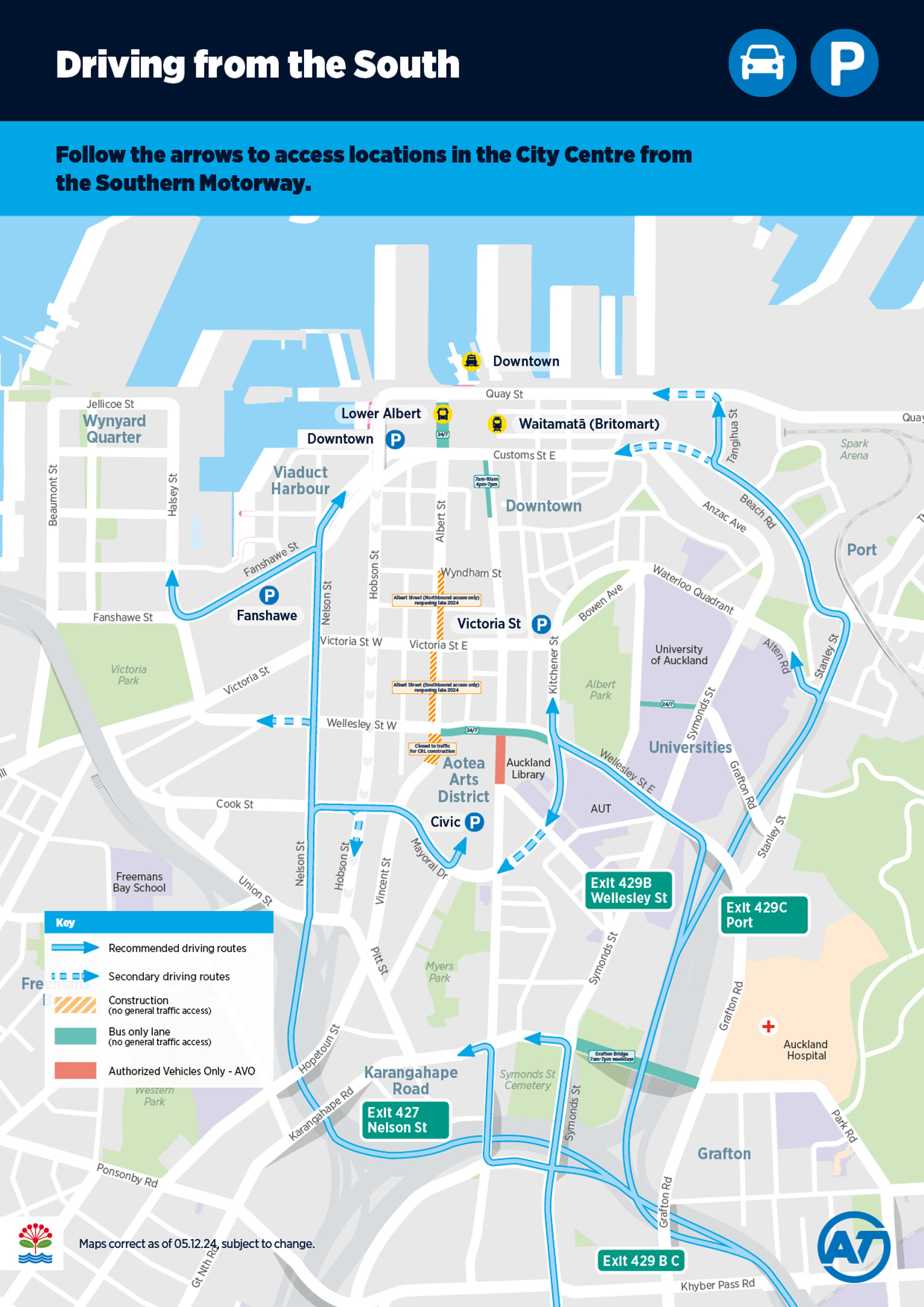 Map showing how to access locations in the Auckland city centre from the southern motorway.