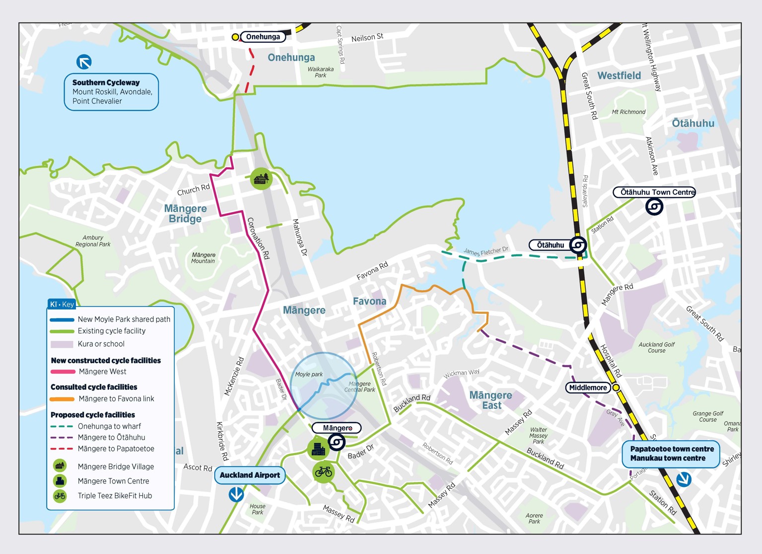 Map of how Moyle Park shared path connects with wider Māngere cycling network.