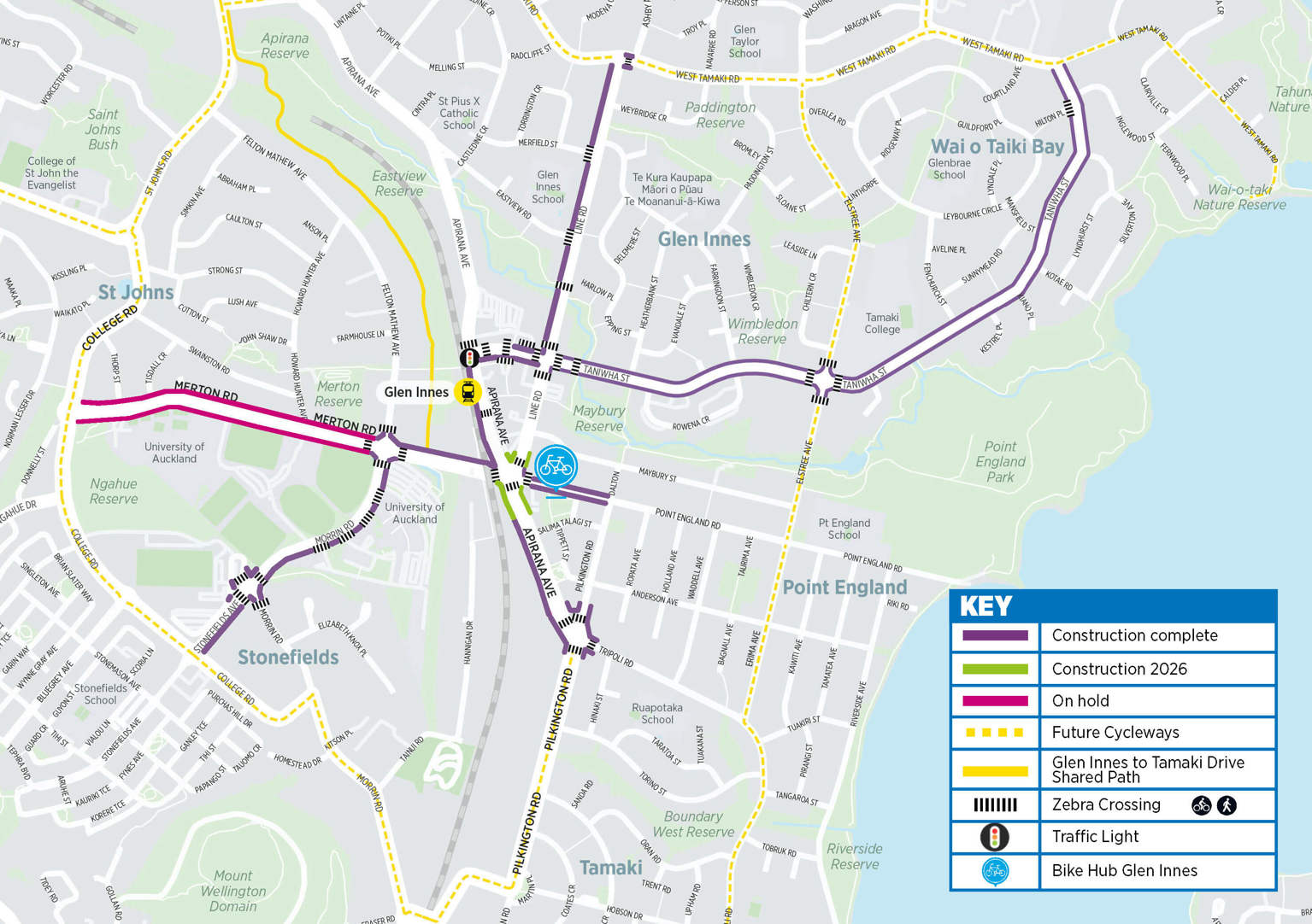 Map showing the Glen Innes cycleways project including where construction is complete, where construction is happening in 2025 and 2026, and future cycleways.