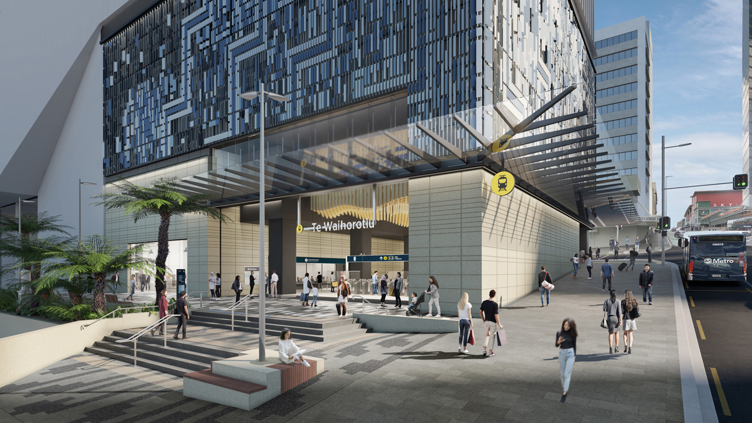 3D rendering of the outside of Te Waihorotiu Station