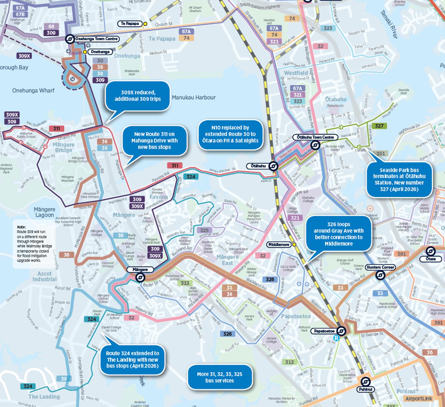 Map showing bus changes in Māngere.
