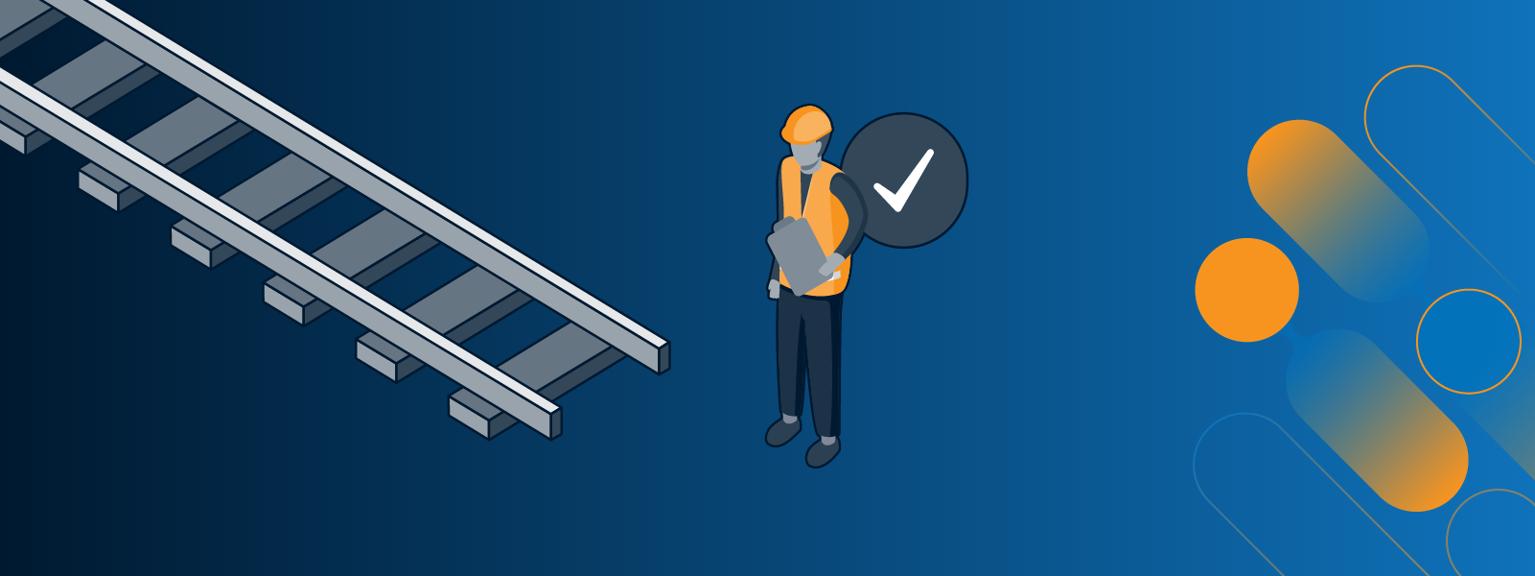 Cartoon image of a person in hi vis and a hard hat next to an uncompleted railroad.