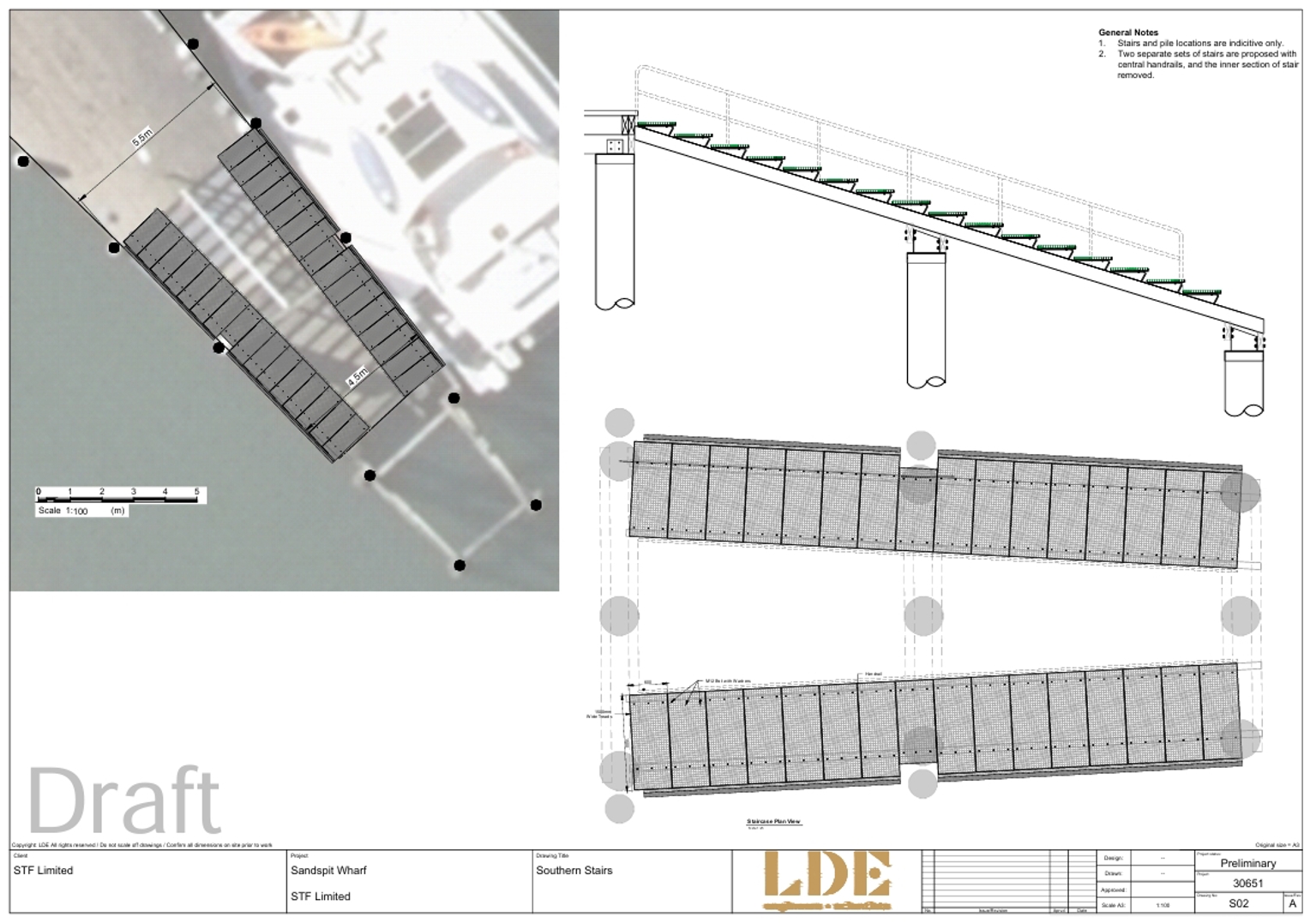 Design drawings of the new stair proposal at Sandspit Wharf.