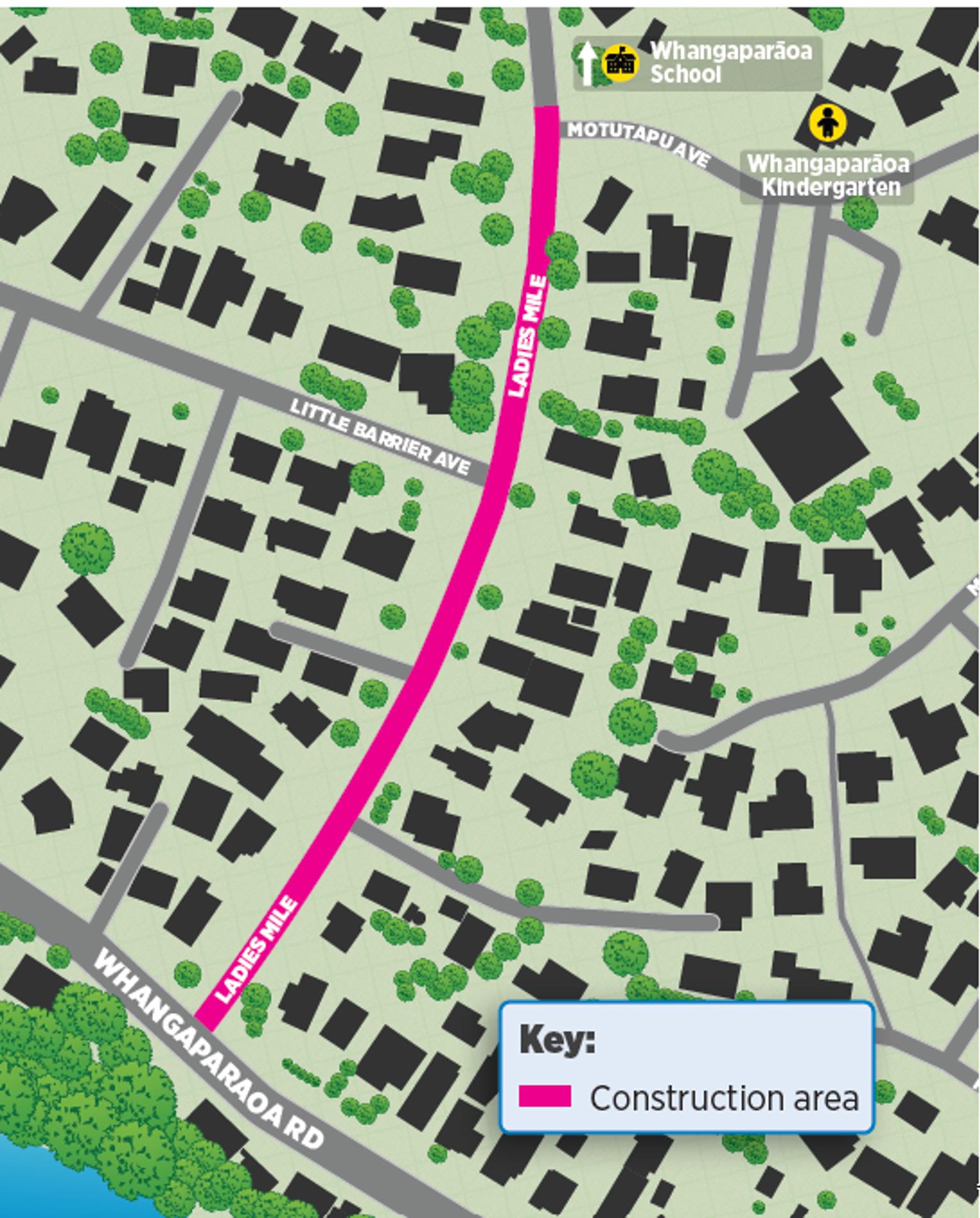 Map showing the construction area along Ladies Mile in Manly.