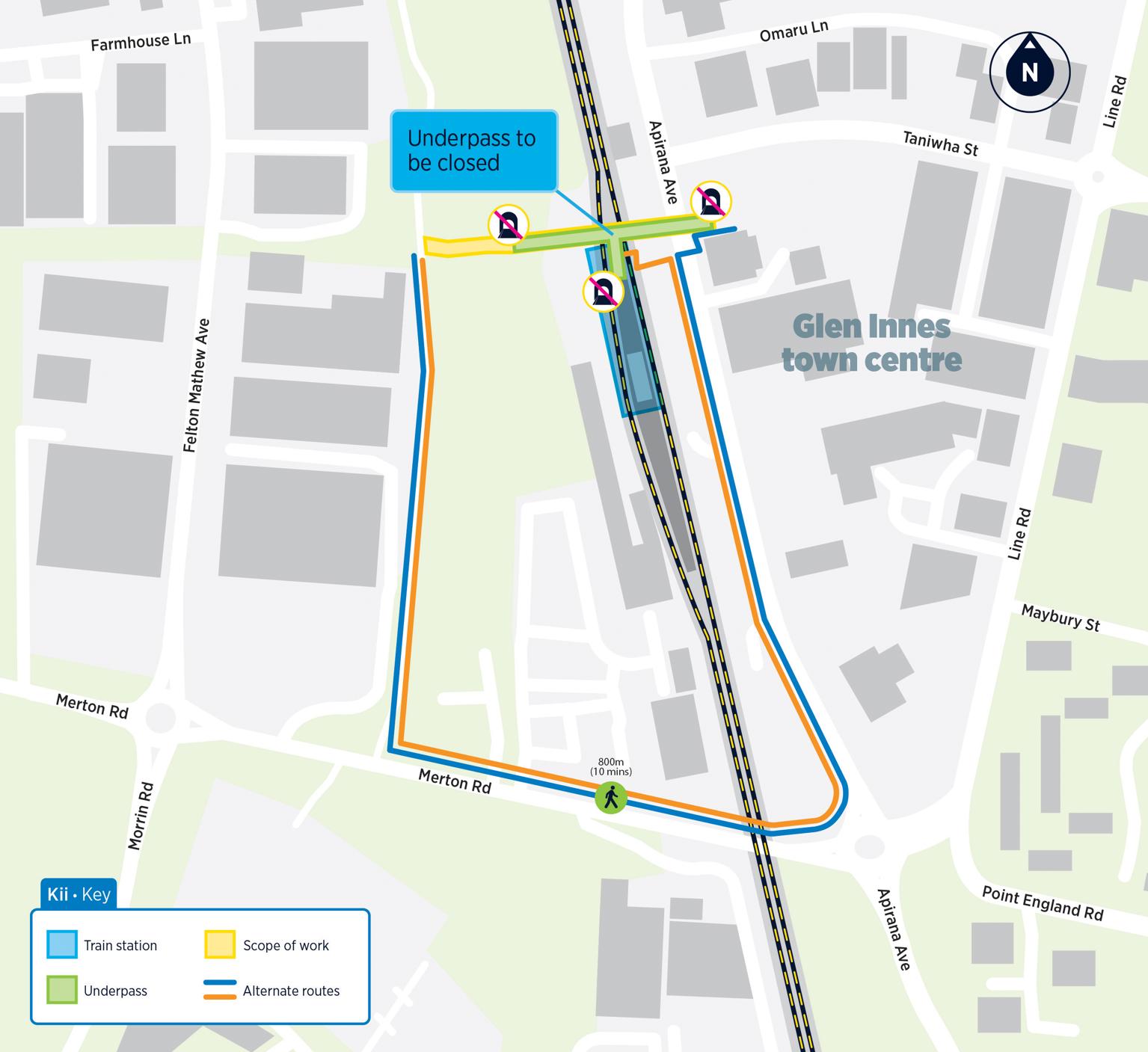 The image shows the detour that people would need to make to access the station or go between town centre and Felton Matthew Avenue.
