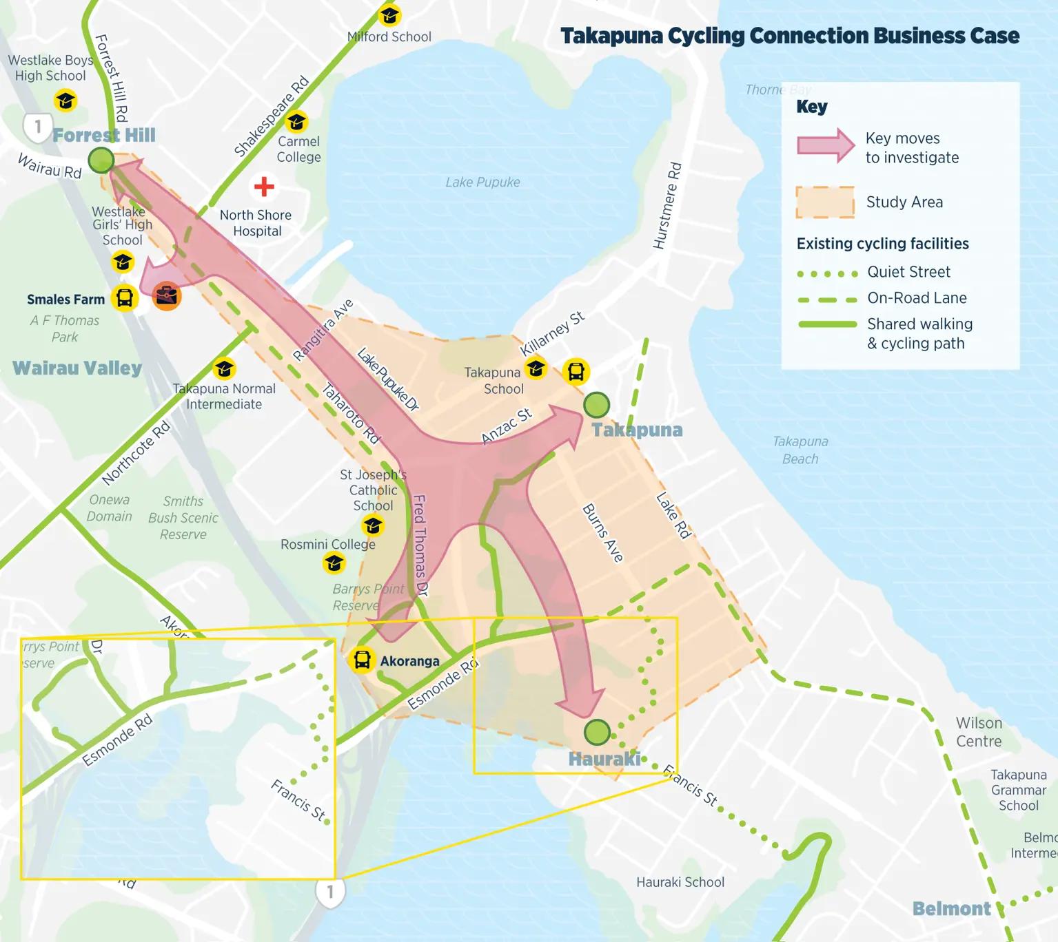 This map shows the study area and key cycling connections being investigated for the Takapuna Cycling Connection Business Case.