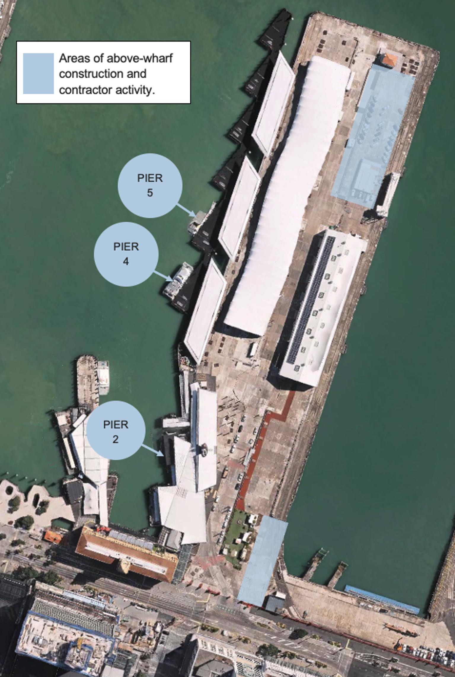 Bird's eye photograph of Queens Wharf with construction areas labelled